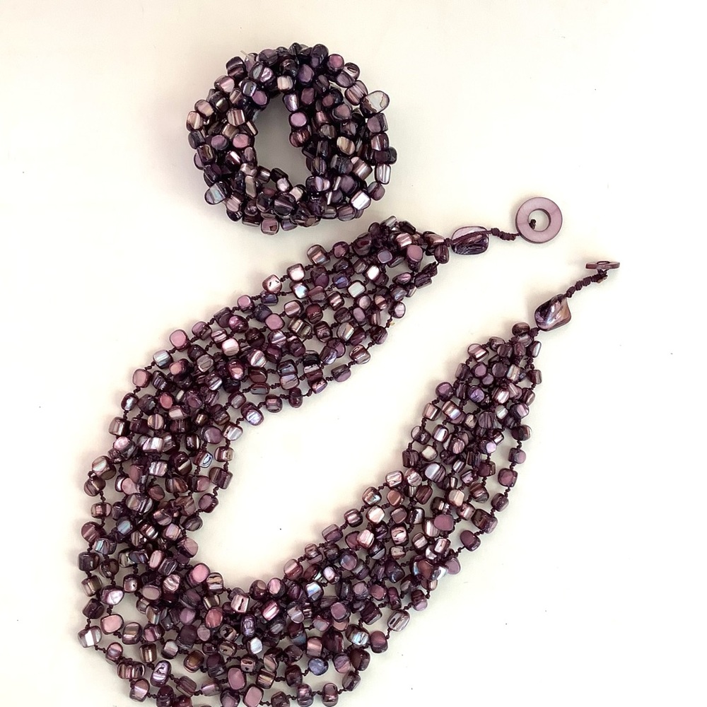 Vintage purple shell multi strand bracelet and stretch bracelet
